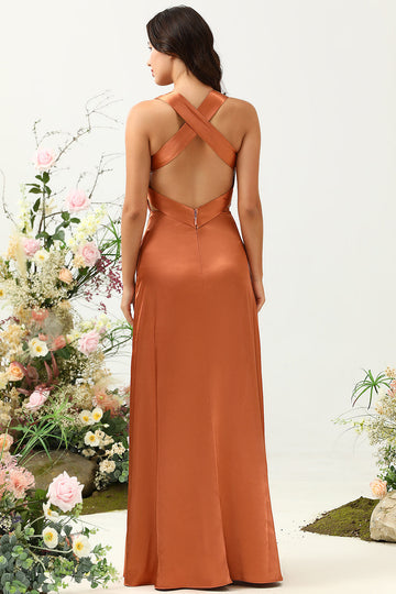 A Line Halter Neck Copper Long Bridesmaid Dress med Criss Cross Back